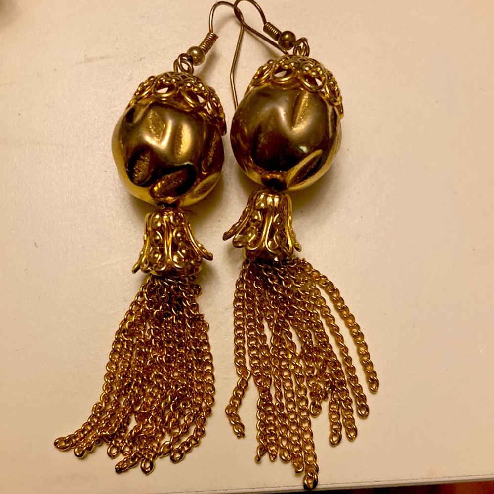 Vintage earrings for pierced ears.  Golden ball with tassels